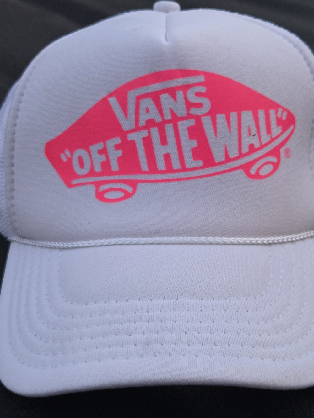 Vans White Trucker Hat with Pink 'Off The Wall' Logo